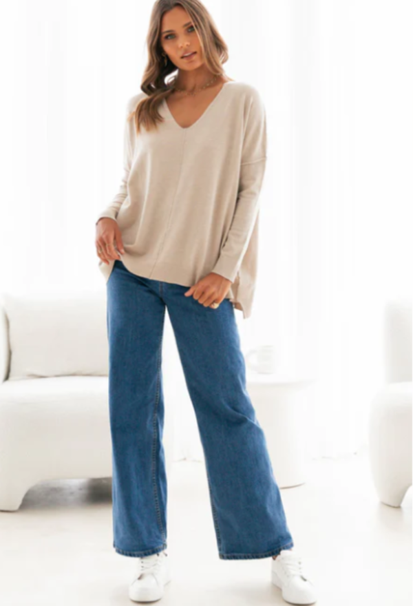 "Nova" V Neck Knit-Beige