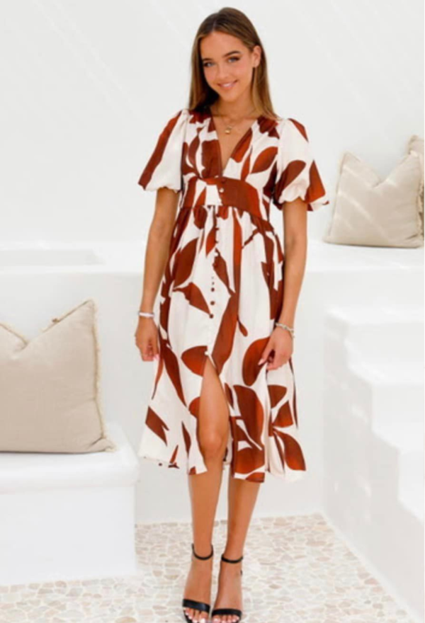 "Tequilla" Midi Dress -Mocha/Beige Leaves